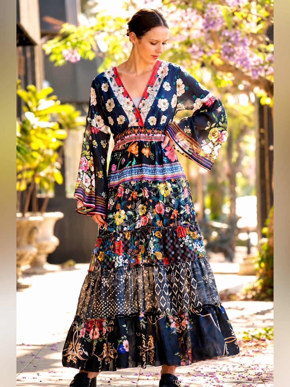 Johnny Was DUNAS Silk Maxi Dress L Boho Patchwork Floral Tiered Festival Luxury